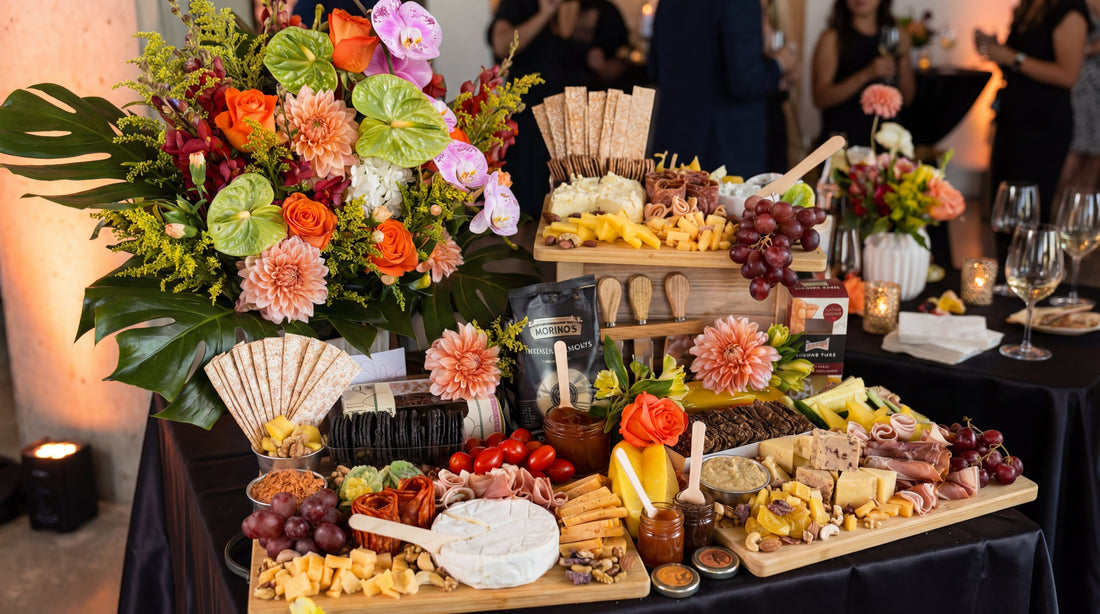 Charcuterie board and grazing platter at event in Singapore with guests in background